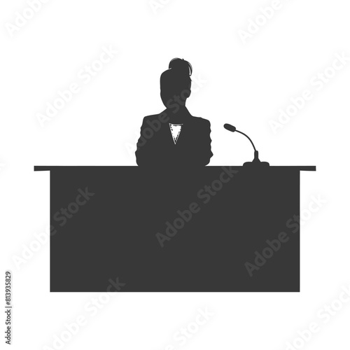 Silhouette news anchor women in action sit in front desk black color only