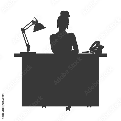 Silhouette news anchor women in action sit in front desk black color only