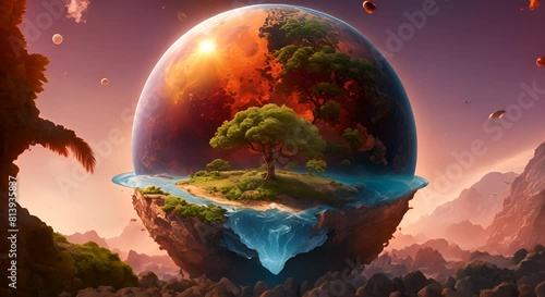 Illustration of a planet divided with one half vibrant and the other consumed by environmental damage photo