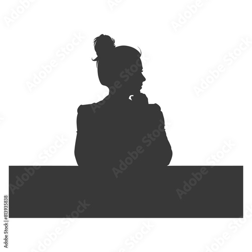 Silhouette news anchor women in action sit in front desk black color only