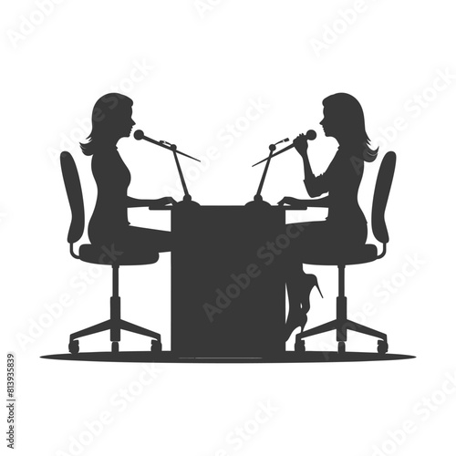 Silhouette news anchor women in action sit in front desk black color only