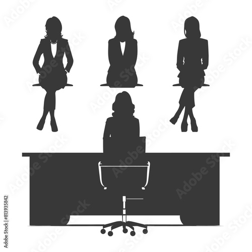 Silhouette news anchor women in action sit in front desk black color only