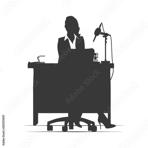Silhouette news anchor women in action sit in front desk black color only