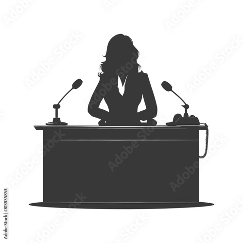 Silhouette news anchor women in action sit in front desk black color only