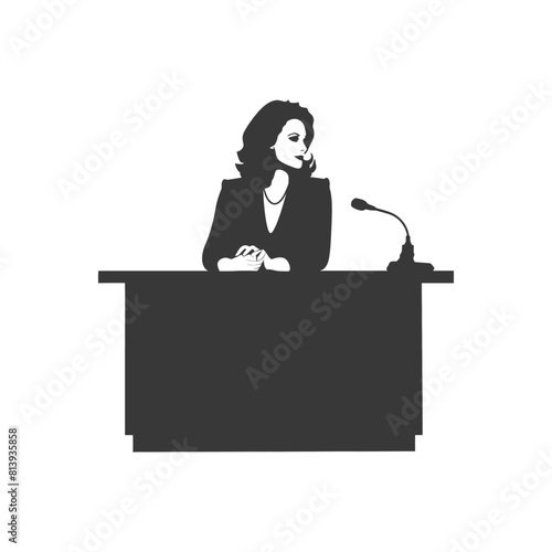 Silhouette news anchor women in action sit in front desk black color only