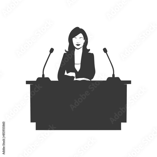 Silhouette news anchor women in action sit in front desk black color only