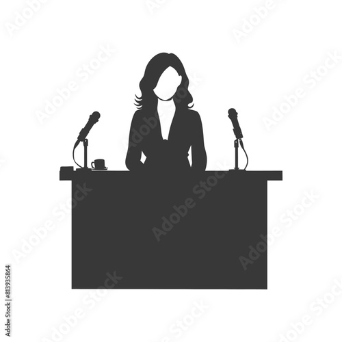 Silhouette news anchor women in action sit in front desk black color only