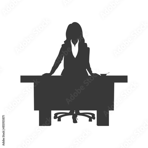 Silhouette news anchor women in action sit in front desk black color only