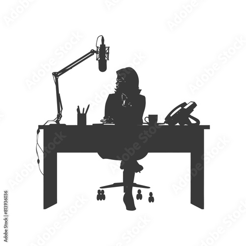 Silhouette news anchor women in action sit in front desk black color only