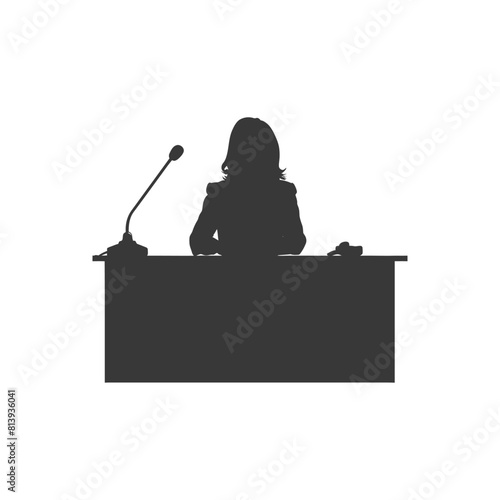 Silhouette news anchor women in action sit in front desk black color only