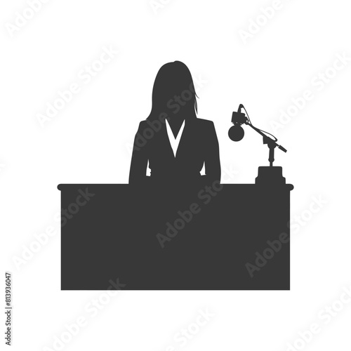 Silhouette news anchor women in action sit in front desk black color only