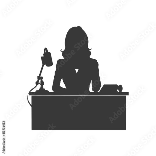 Silhouette news anchor women in action sit in front desk black color only