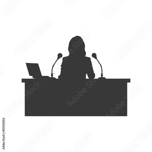 Silhouette news anchor women in action sit in front desk black color only