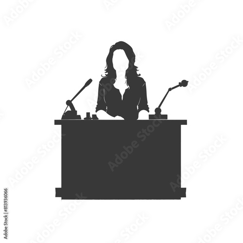 Silhouette news anchor women in action sit in front desk black color only