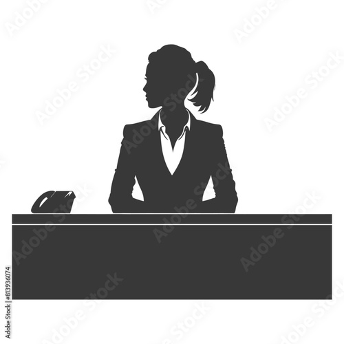 Silhouette news anchor women in action sit in front desk black color only
