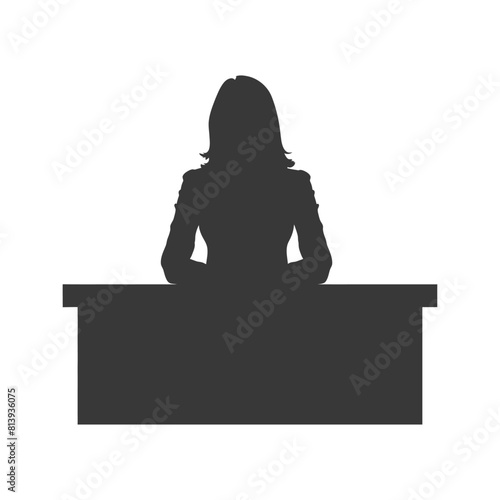Silhouette news anchor women in action sit in front desk black color only