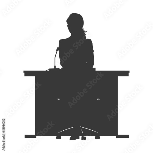 Silhouette news anchor women in action sit in front desk black color only