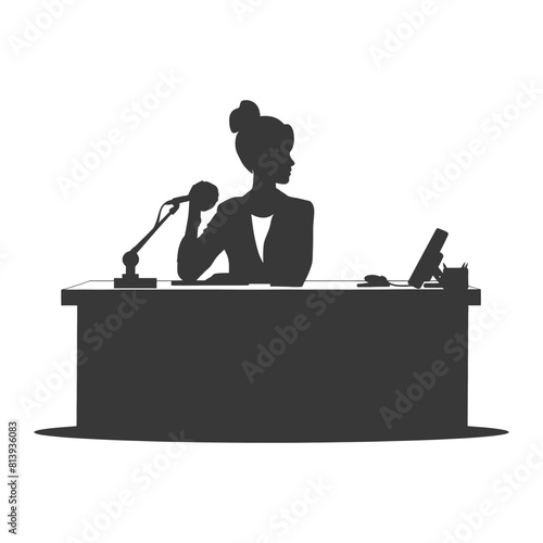 Silhouette news anchor women in action sit in front desk black color only