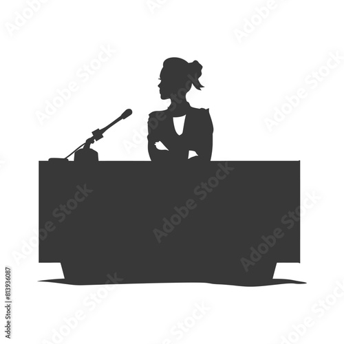 Silhouette news anchor women in action sit in front desk black color only