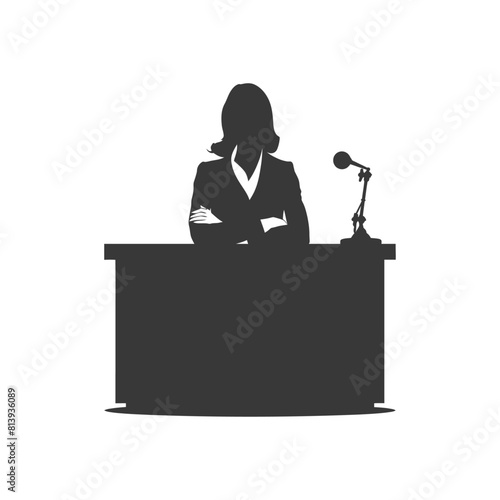 Silhouette news anchor women in action sit in front desk black color only