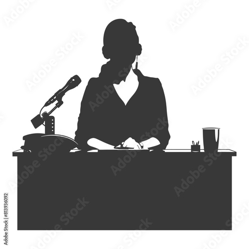 Silhouette news anchor women in action sit in front desk black color only