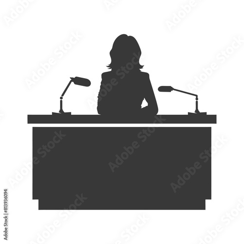 Silhouette news anchor women in action sit in front desk black color only