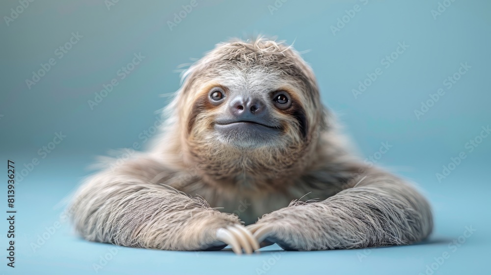 Fototapeta premium Close-up of a smiling sloth on a blue background