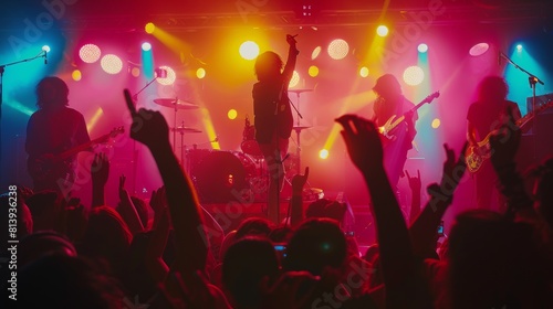 An alternative rock band with a drummer and guitarist performs in a night club. The crowd is partying. Fans raised their hands in front of bright colored strobe lights.