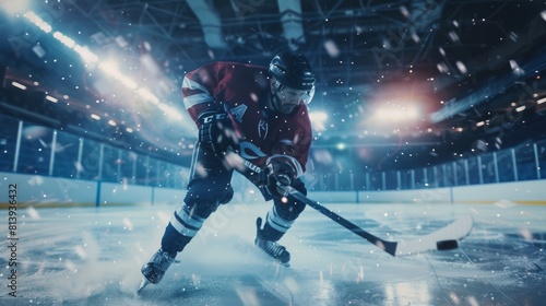 Professional Defender Attacks, Pushing Attacker Aggressively, Trying to take the puck. Intense Competitive Game with Speed, Power, and Speed. photo