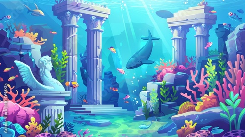 Illustration depicting tropical ocean scene with bathyscaphe and submarine, fish, corals, marine plants and animals, marble columns, and fragments of Neptune statue.