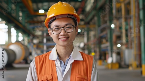 A portrait of a confident heavy industry engineer. Confident Chinese industrialist standing in a factory facility, wearing a hard hat, glasses, and safety uniform. photo