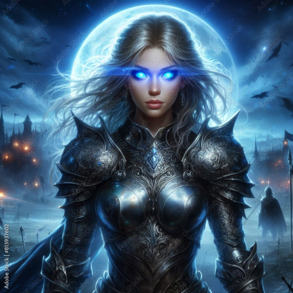 a woman with a blue eyes is standing in front of a knight a woman with a blue eyes is standing in front of a knight