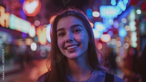 Walking through a night city street full of neon lights and entertainment venues. Beautiful young woman smiling while looking thoughtful and independent during her travels. Close-up portrait.