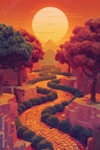 Mind maze shifting paths, symbolic of change, twilight, from above, surreal and intricate detail