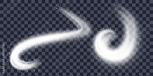 Realistic set of snow air flows. Cold wind, snow swirl. Realistic 3d vector isolated on transparent background.