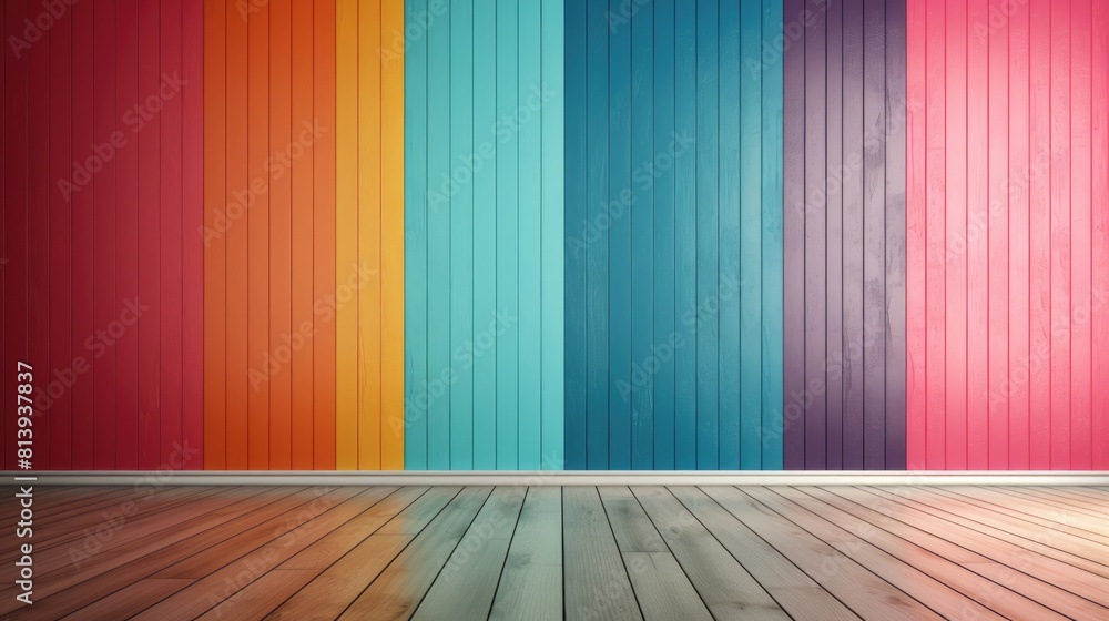 Mockup of a colorful wall with a stripe of rainbow color in the middle and a wooden parquet light floor with copy space for text. Mockup of a colorful wall with a stripe of rainbow color in the middle and a wooden parquet light floor with copy space for text.