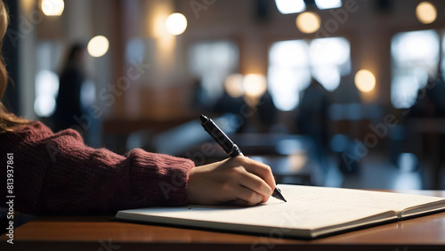 Close up shot hand of woman using the pen to write on the white paper select focus shallow depth of field photo