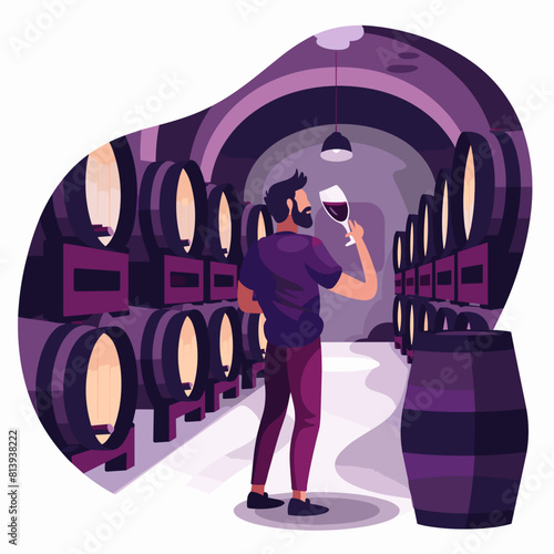 Man drinking wine at wine cellar 2d vector illustration concept for banner, website, illustration, landing page, vector graphic