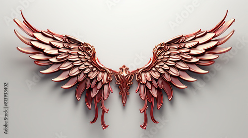 Minimalistic Art Of Gold And Red Feathered Wings On White Background