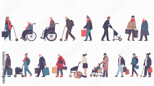 Taking care of elderly relatives in wheelchairs, walking with them, going shopping with them and riding them in a wheelchair. Cartoon illustration set of volunteer youths helping elders with