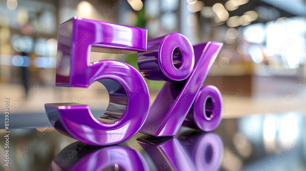 Fototapeta premium Purple 5% symbol in a shiny modern interior