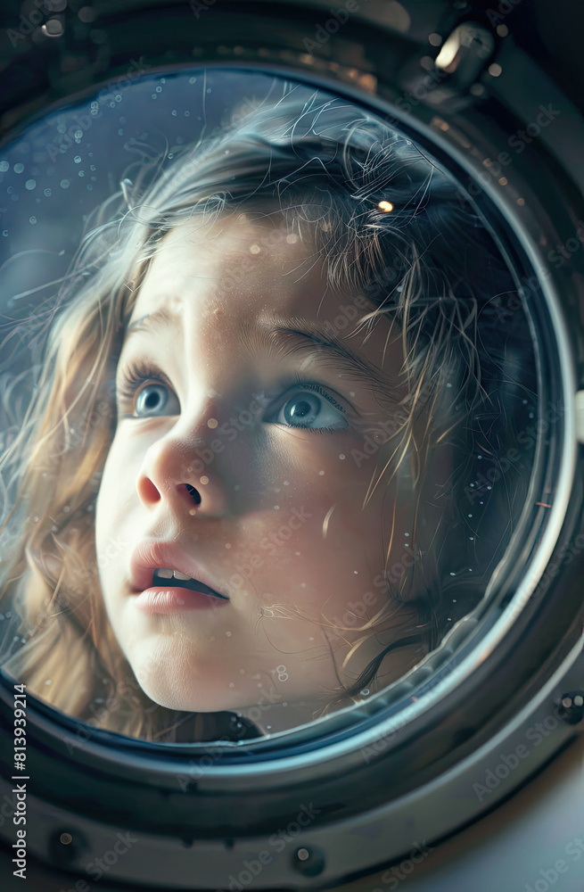 A young girl gazes out the window of her spaceship, her eyes wide with wonder