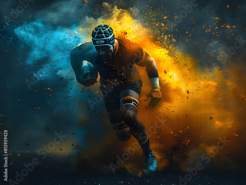 A rugby player runs with a ball through colored dust. AI generated. 