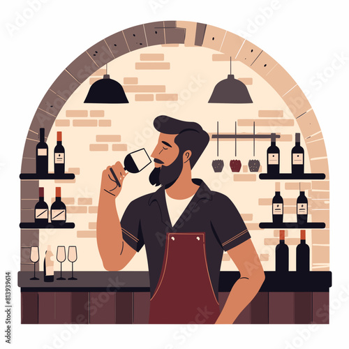 Man drinking wine at wine cellar 2d vector illustration concept for banner, website, illustration, landing page, vector graphic