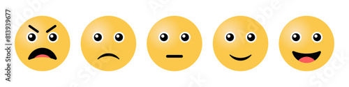 Rating Emojis set in yellow color. Feedback emoticons collection. Excellent, good, neutral, bad and very bad emojis. Flat icon set of rating and feedback emojis icons in yellow color.