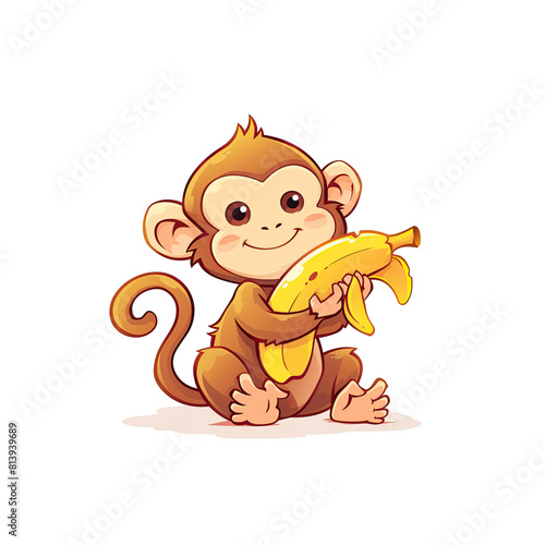 Funny Monkey Cartoon Holding A Banana  Cartoon Illustration