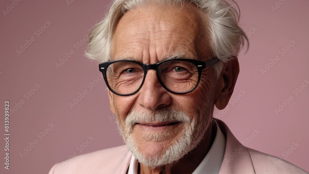 Gray-haired elderly man in stylish club clothes on a pink background. Gray-haired elderly man in stylish club clothes on a pink background.