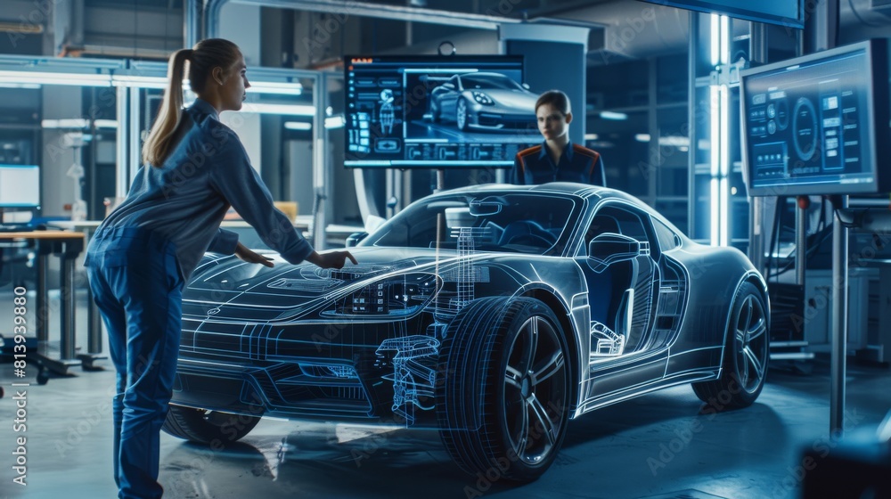 In a modern office at an assembly plant, two automotive engineers discuss blueprints of concept cars on a computer. A female industrial project manager converses with a male designer at a vehicle In a modern office at an assembly plant, two automotive engineers discuss blueprints of concept cars on a computer. A female industrial project manager converses with a male designer at a vehicle