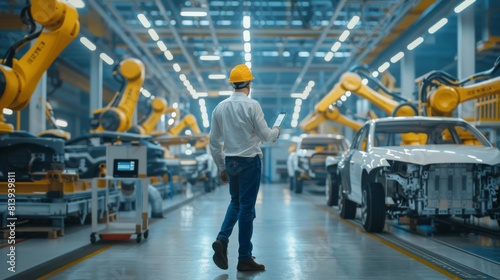 Male Engineer wears Hard Hat Walking along Production Conveyor Monitoring Tablet Computer. Automated Robot Arm Assembly Line Manufacturing High-Tech Electric Vehicles.