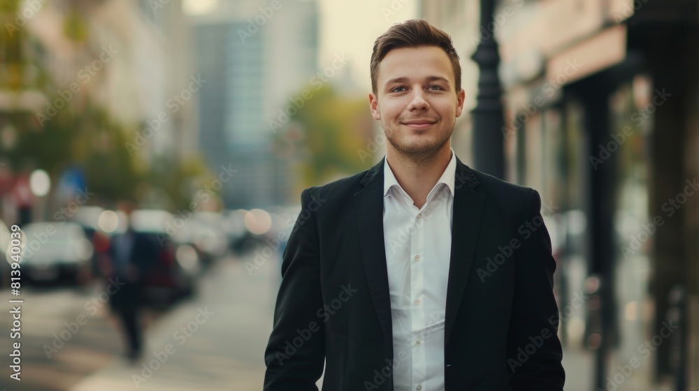 portrait of a handsome smiling young businessman boss in a black suit walking on a city street to his company office. blurry street background, confident portrait of a handsome smiling young businessman boss in a black suit walking on a city street to his company office. blurry street background, confident